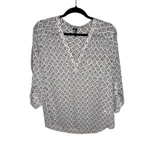 Maurices Women's Geometric Print Tunic Top Roll Tab Sleeves White Red Size L